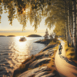 A scenic Finnish coastal cycling path at golden hour with a cyclist, birch trees, rocky shoreline and a small ferry in the distance, Nordic light