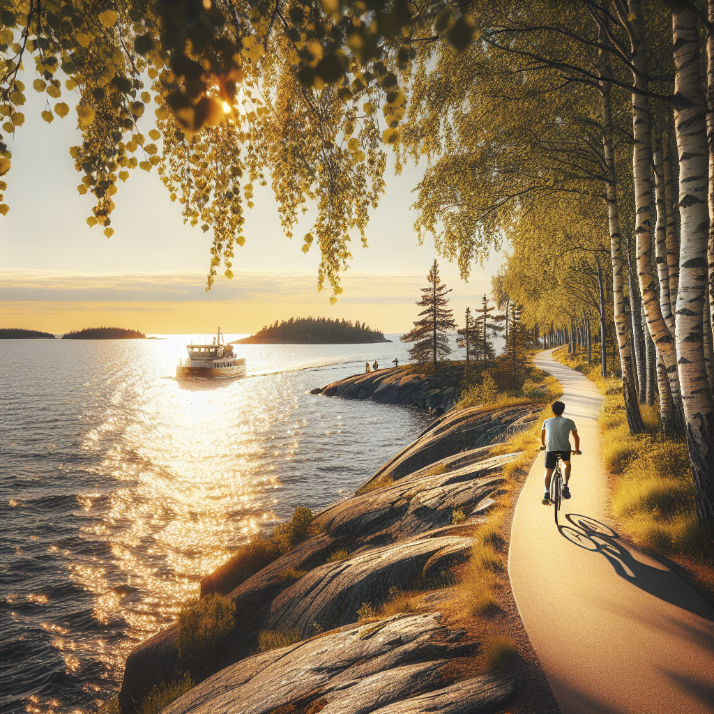 A scenic Finnish coastal cycling path at golden hour with a cyclist, birch trees, rocky shoreline and a small ferry in the distance, Nordic light