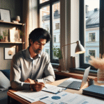 A professional expat in Finland discussing salary in a modern Helsinki office, calm Nordic interior, natural light, documents and laptop, warm but formal atmosphere
