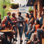 A warm, modern scene of diverse expats and Finns chatting outside a wooden Helsinki cafe near trees and light rain, Scandinavian architecture, soft natural light