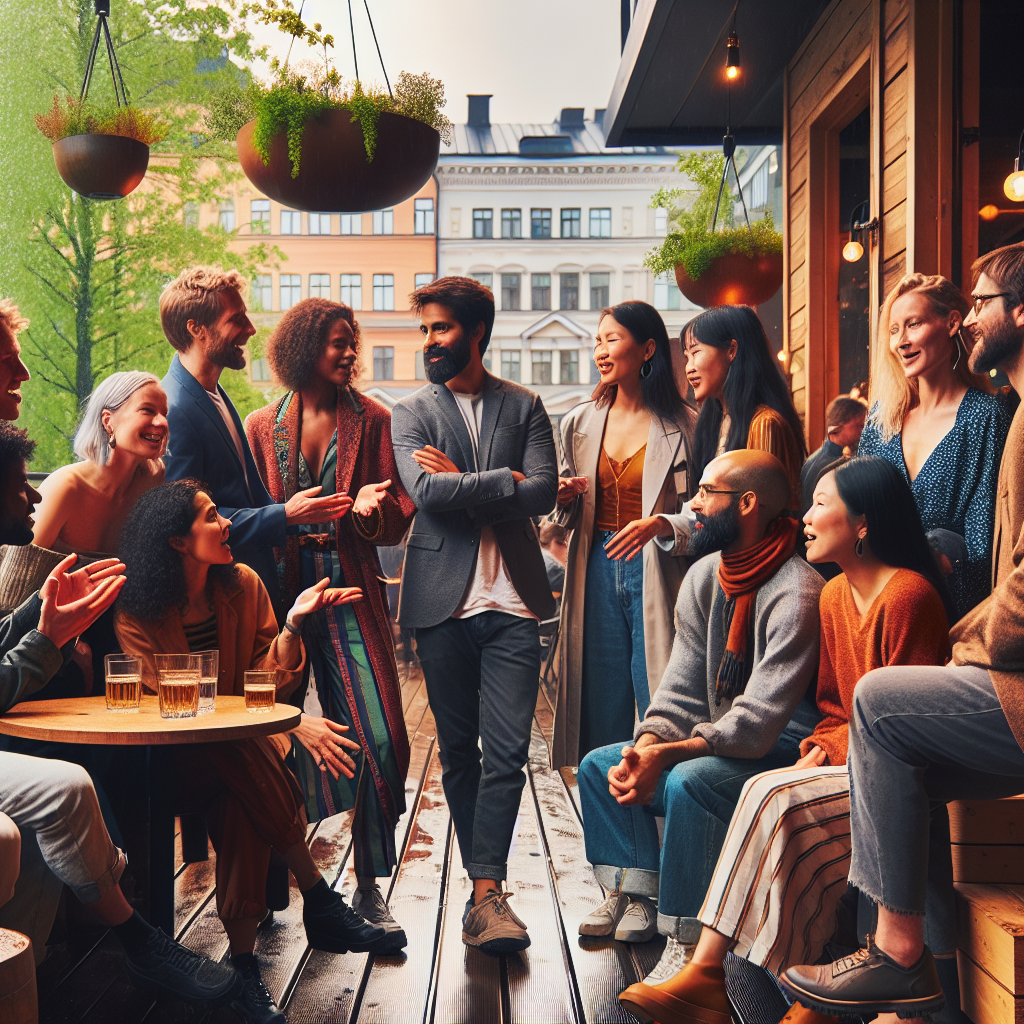 A warm, modern scene of diverse expats and Finns chatting outside a wooden Helsinki cafe near trees and light rain, Scandinavian architecture, soft natural light