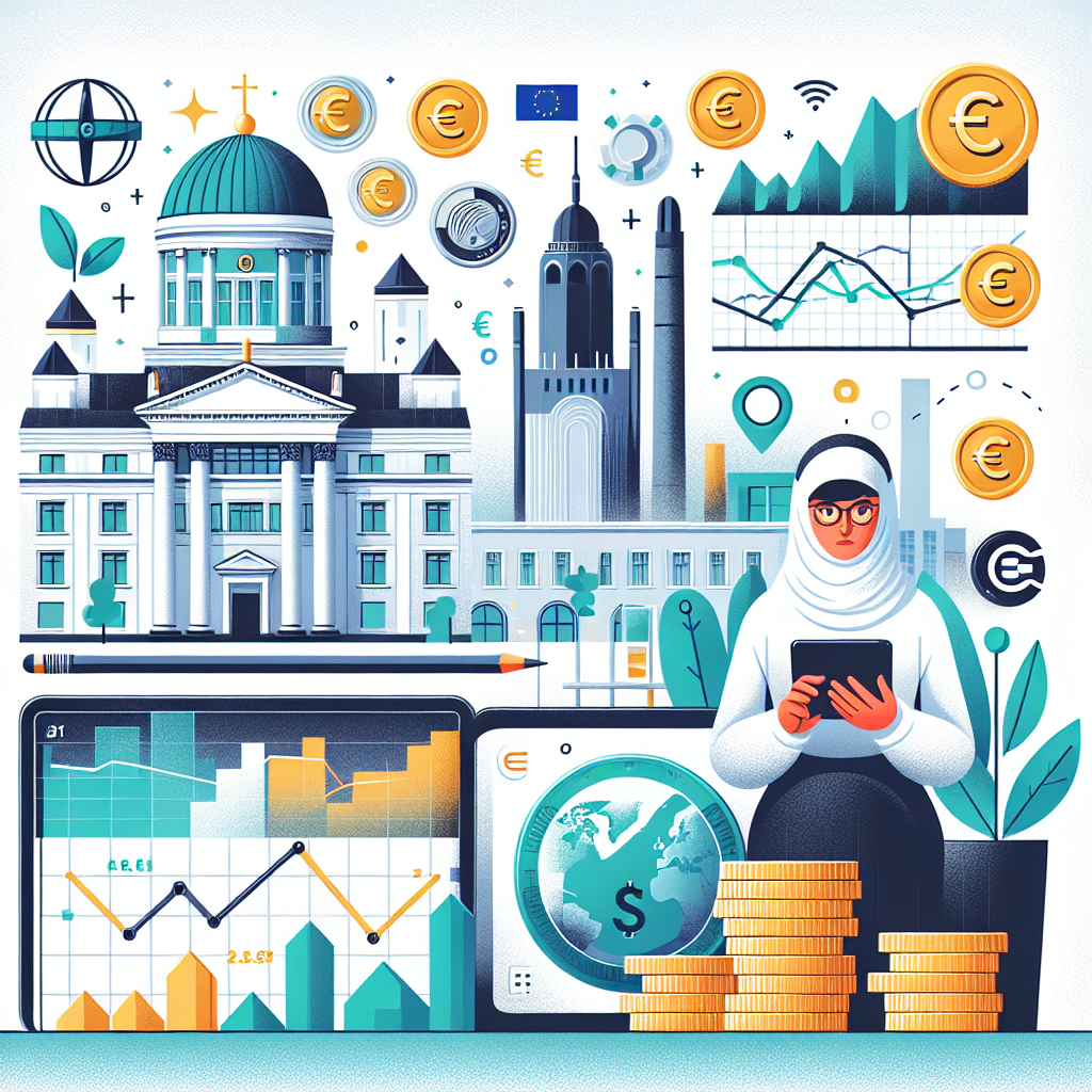 A clean, modern collage of Helsinki skyline, stock market charts, Euro coins, sustainable tech icons, and an expat viewing investments on a tablet — flat design, bright Nordic colors