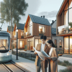 A modern Finnish neighborhood with wooden and brick homes near a calm park and tram, soft Nordic light, a diverse expat couple looking at house plans, clean minimal style